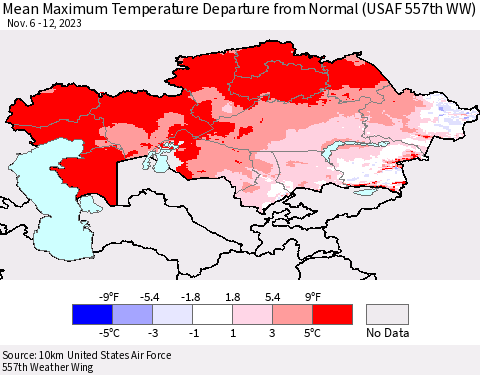 Kazakhstan Mean Maximum Temperature Departure from Normal (USAF 557th WW) Thematic Map For 11/6/2023 - 11/12/2023