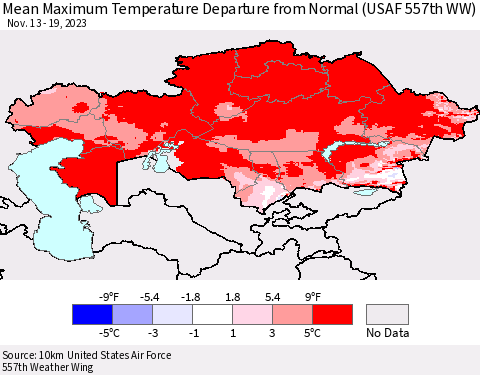 Kazakhstan Mean Maximum Temperature Departure from Normal (USAF 557th WW) Thematic Map For 11/13/2023 - 11/19/2023