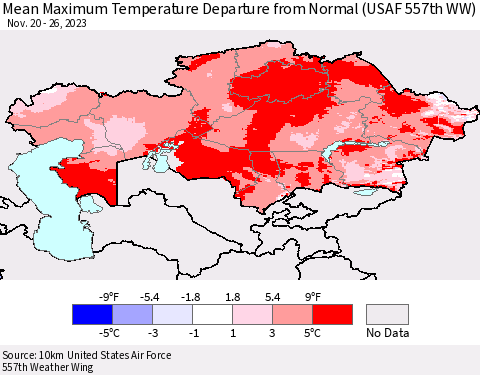 Kazakhstan Mean Maximum Temperature Departure from Normal (USAF 557th WW) Thematic Map For 11/20/2023 - 11/26/2023