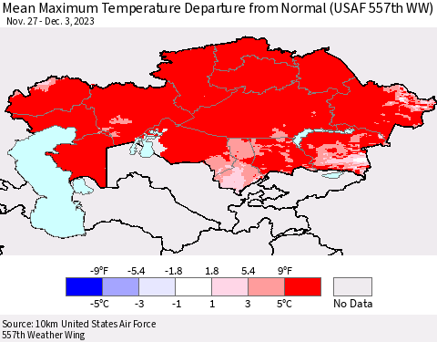 Kazakhstan Mean Maximum Temperature Departure from Normal (USAF 557th WW) Thematic Map For 11/27/2023 - 12/3/2023