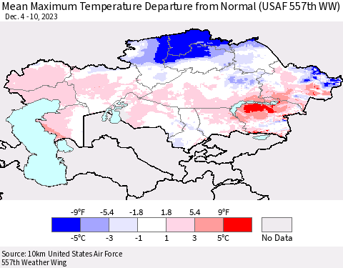 Kazakhstan Mean Maximum Temperature Departure from Normal (USAF 557th WW) Thematic Map For 12/4/2023 - 12/10/2023