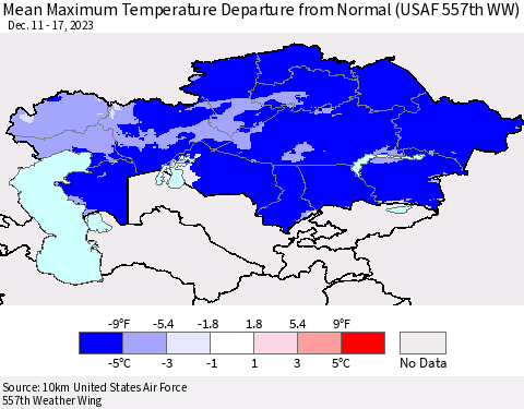 Kazakhstan Mean Maximum Temperature Departure from Normal (USAF 557th WW) Thematic Map For 12/11/2023 - 12/17/2023