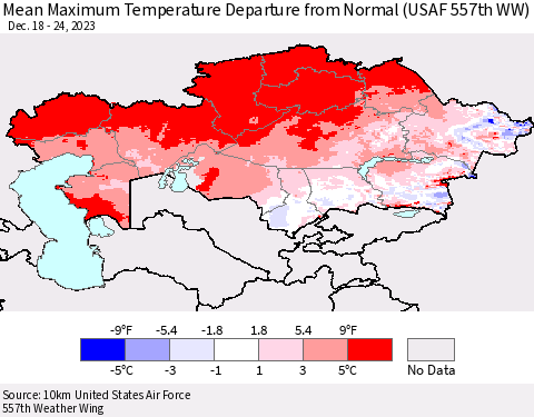 Kazakhstan Mean Maximum Temperature Departure from Normal (USAF 557th WW) Thematic Map For 12/18/2023 - 12/24/2023