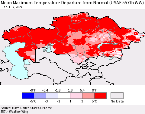 Kazakhstan Mean Maximum Temperature Departure from Normal (USAF 557th WW) Thematic Map For 1/1/2024 - 1/7/2024