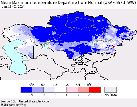 Kazakhstan Mean Maximum Temperature Departure from Normal (USAF 557th WW) Thematic Map For 1/15/2024 - 1/21/2024