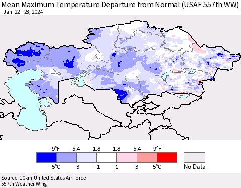 Kazakhstan Mean Maximum Temperature Departure from Normal (USAF 557th WW) Thematic Map For 1/22/2024 - 1/28/2024