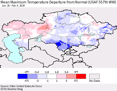 Kazakhstan Mean Maximum Temperature Departure from Normal (USAF 557th WW) Thematic Map For 1/29/2024 - 2/4/2024