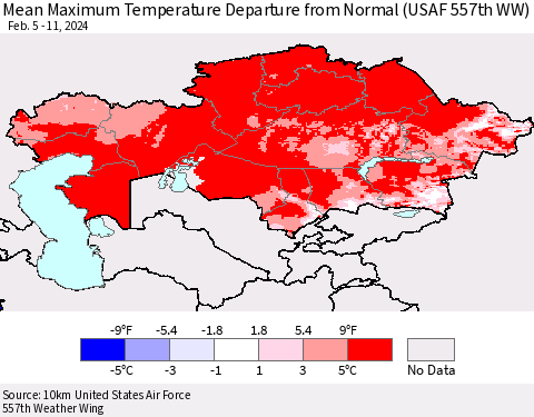 Kazakhstan Mean Maximum Temperature Departure from Normal (USAF 557th WW) Thematic Map For 2/5/2024 - 2/11/2024