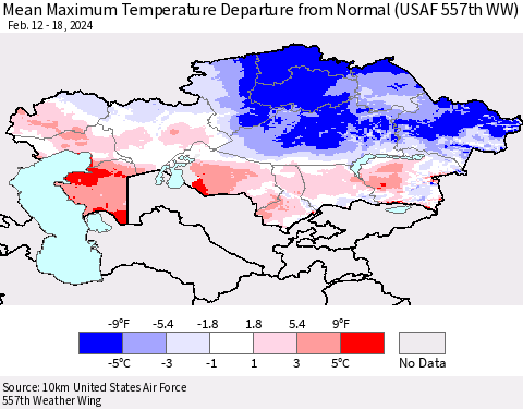 Kazakhstan Mean Maximum Temperature Departure from Normal (USAF 557th WW) Thematic Map For 2/12/2024 - 2/18/2024