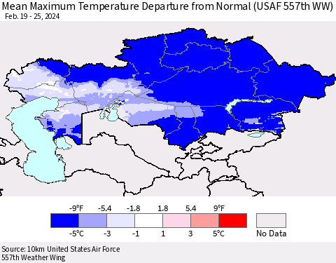 Kazakhstan Mean Maximum Temperature Departure from Normal (USAF 557th WW) Thematic Map For 2/19/2024 - 2/25/2024