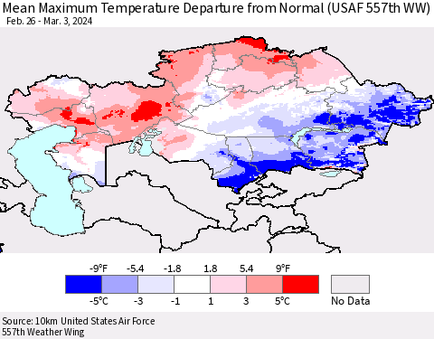 Kazakhstan Mean Maximum Temperature Departure from Normal (USAF 557th WW) Thematic Map For 2/26/2024 - 3/3/2024