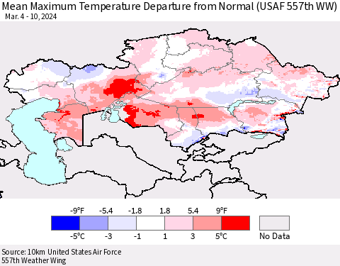 Kazakhstan Mean Maximum Temperature Departure from Normal (USAF 557th WW) Thematic Map For 3/4/2024 - 3/10/2024