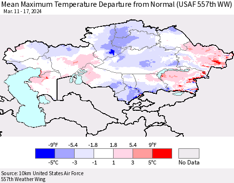 Kazakhstan Mean Maximum Temperature Departure from Normal (USAF 557th WW) Thematic Map For 3/11/2024 - 3/17/2024