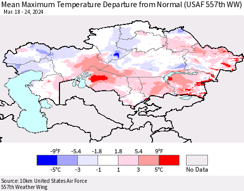 Kazakhstan Mean Maximum Temperature Departure from Normal (USAF 557th WW) Thematic Map For 3/18/2024 - 3/24/2024
