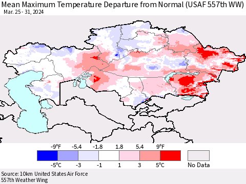 Kazakhstan Mean Maximum Temperature Departure from Normal (USAF 557th WW) Thematic Map For 3/25/2024 - 3/31/2024