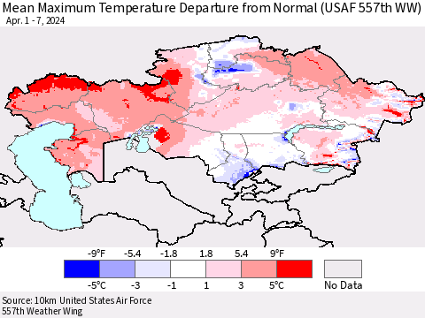 Kazakhstan Mean Maximum Temperature Departure from Normal (USAF 557th WW) Thematic Map For 4/1/2024 - 4/7/2024