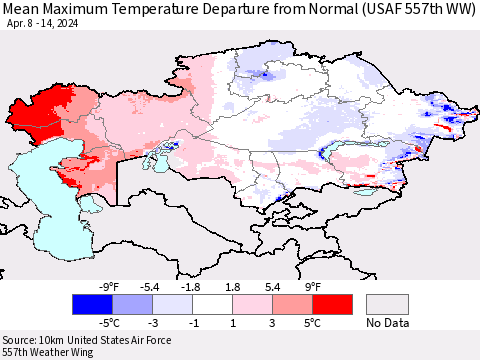 Kazakhstan Mean Maximum Temperature Departure from Normal (USAF 557th WW) Thematic Map For 4/8/2024 - 4/14/2024