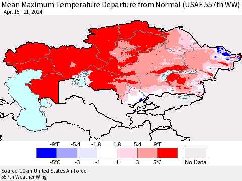 Kazakhstan Mean Maximum Temperature Departure from Normal (USAF 557th WW) Thematic Map For 4/15/2024 - 4/21/2024