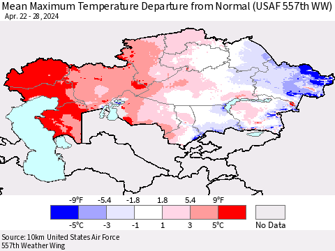 Kazakhstan Mean Maximum Temperature Departure from Normal (USAF 557th WW) Thematic Map For 4/22/2024 - 4/28/2024