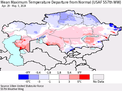 Kazakhstan Mean Maximum Temperature Departure from Normal (USAF 557th WW) Thematic Map For 4/29/2024 - 5/5/2024