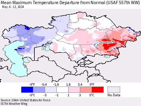 Kazakhstan Mean Maximum Temperature Departure from Normal (USAF 557th WW) Thematic Map For 5/6/2024 - 5/12/2024