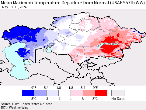 Kazakhstan Mean Maximum Temperature Departure from Normal (USAF 557th WW) Thematic Map For 5/13/2024 - 5/19/2024