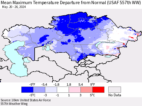 Kazakhstan Mean Maximum Temperature Departure from Normal (USAF 557th WW) Thematic Map For 5/20/2024 - 5/26/2024