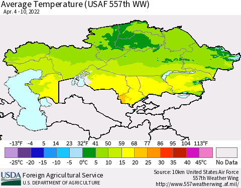 Kazakhstan Average Temperature (USAF 557th WW) Thematic Map For 4/4/2022 - 4/10/2022
