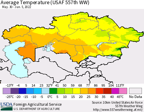 Kazakhstan Average Temperature (USAF 557th WW) Thematic Map For 5/30/2022 - 6/5/2022