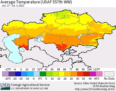 Kazakhstan Average Temperature (USAF 557th WW) Thematic Map For 6/27/2022 - 7/3/2022