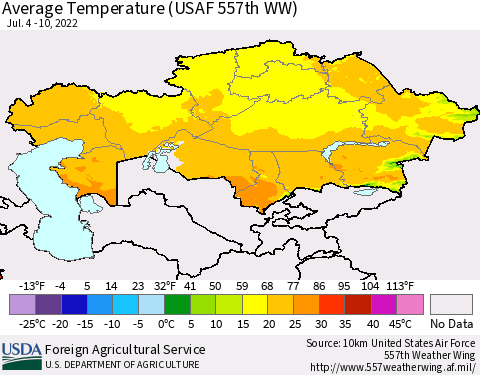 Kazakhstan Average Temperature (USAF 557th WW) Thematic Map For 7/4/2022 - 7/10/2022