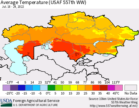 Kazakhstan Average Temperature (USAF 557th WW) Thematic Map For 7/18/2022 - 7/24/2022