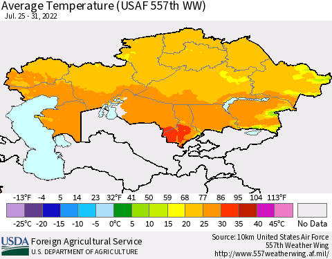 Kazakhstan Average Temperature (USAF 557th WW) Thematic Map For 7/25/2022 - 7/31/2022
