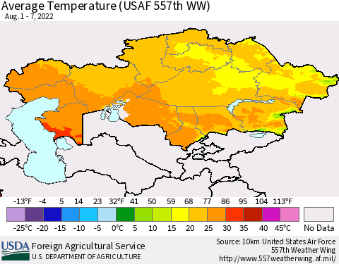 Kazakhstan Average Temperature (USAF 557th WW) Thematic Map For 8/1/2022 - 8/7/2022