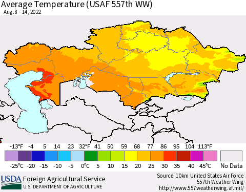 Kazakhstan Average Temperature (USAF 557th WW) Thematic Map For 8/8/2022 - 8/14/2022