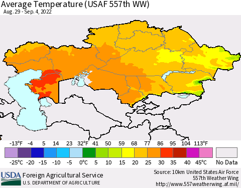 Kazakhstan Average Temperature (USAF 557th WW) Thematic Map For 8/29/2022 - 9/4/2022
