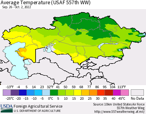 Kazakhstan Average Temperature (USAF 557th WW) Thematic Map For 9/26/2022 - 10/2/2022