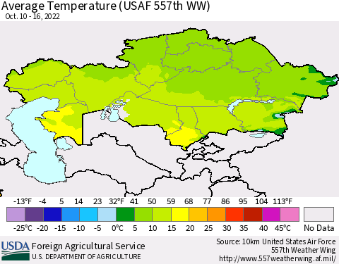 Kazakhstan Average Temperature (USAF 557th WW) Thematic Map For 10/10/2022 - 10/16/2022
