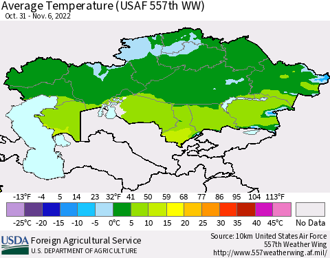 Kazakhstan Average Temperature (USAF 557th WW) Thematic Map For 10/31/2022 - 11/6/2022