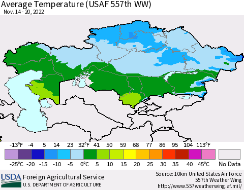 Kazakhstan Average Temperature (USAF 557th WW) Thematic Map For 11/14/2022 - 11/20/2022