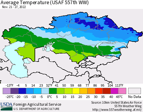Kazakhstan Average Temperature (USAF 557th WW) Thematic Map For 11/21/2022 - 11/27/2022