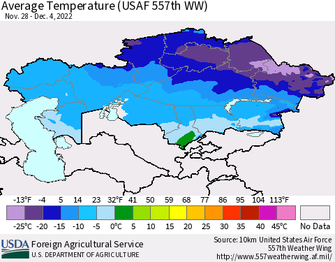 Kazakhstan Average Temperature (USAF 557th WW) Thematic Map For 11/28/2022 - 12/4/2022
