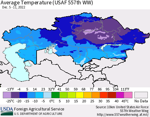 Kazakhstan Average Temperature (USAF 557th WW) Thematic Map For 12/5/2022 - 12/11/2022