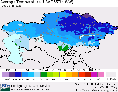 Kazakhstan Average Temperature (USAF 557th WW) Thematic Map For 12/12/2022 - 12/18/2022