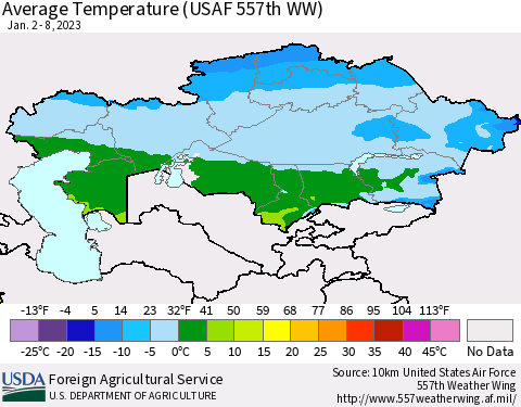 Kazakhstan Average Temperature (USAF 557th WW) Thematic Map For 1/2/2023 - 1/8/2023