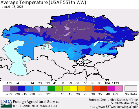 Kazakhstan Average Temperature (USAF 557th WW) Thematic Map For 1/9/2023 - 1/15/2023