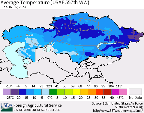 Kazakhstan Average Temperature (USAF 557th WW) Thematic Map For 1/16/2023 - 1/22/2023