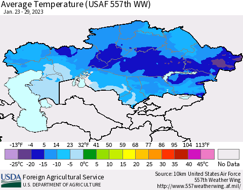 Kazakhstan Average Temperature (USAF 557th WW) Thematic Map For 1/23/2023 - 1/29/2023