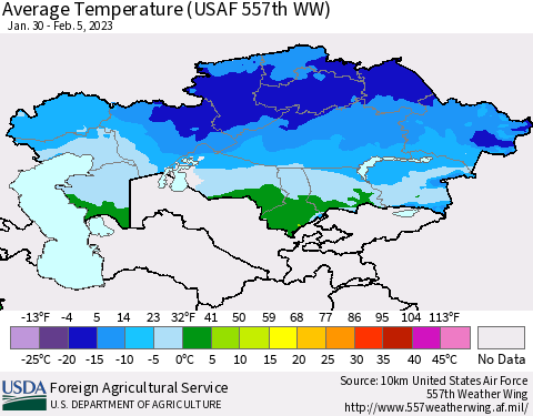 Kazakhstan Average Temperature (USAF 557th WW) Thematic Map For 1/30/2023 - 2/5/2023