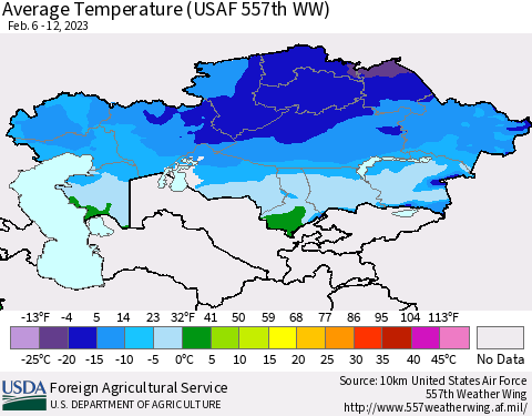 Kazakhstan Average Temperature (USAF 557th WW) Thematic Map For 2/6/2023 - 2/12/2023